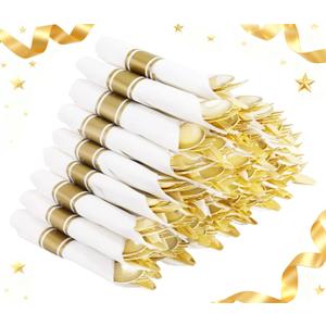Supernal 240 Pcs Pre Rolled Napkins with Gold Plastic Silverware - 60 Sets Elegant Disposable Wrapped Cutlery: Heavy Duty Gold Forks, Knives, Spoons for Weddings, Parties, & Catering Events