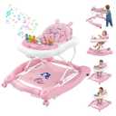 5 in 1 Foldable Baby Walker with Wheels, Music and Lights Bouncer Combo, Rocker, Activity Center for Baby Boys Girls, Adjustable Speed and Height for 6-18 Months (Pink)