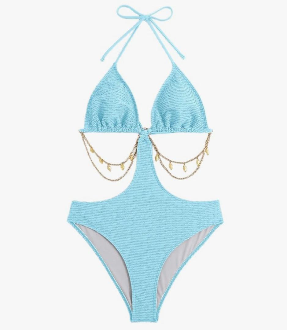 OYOANGLE Women's Chain Linked Cut Out Halter One Piece Swimsuit Tummy Control Bathing Suit, Size S