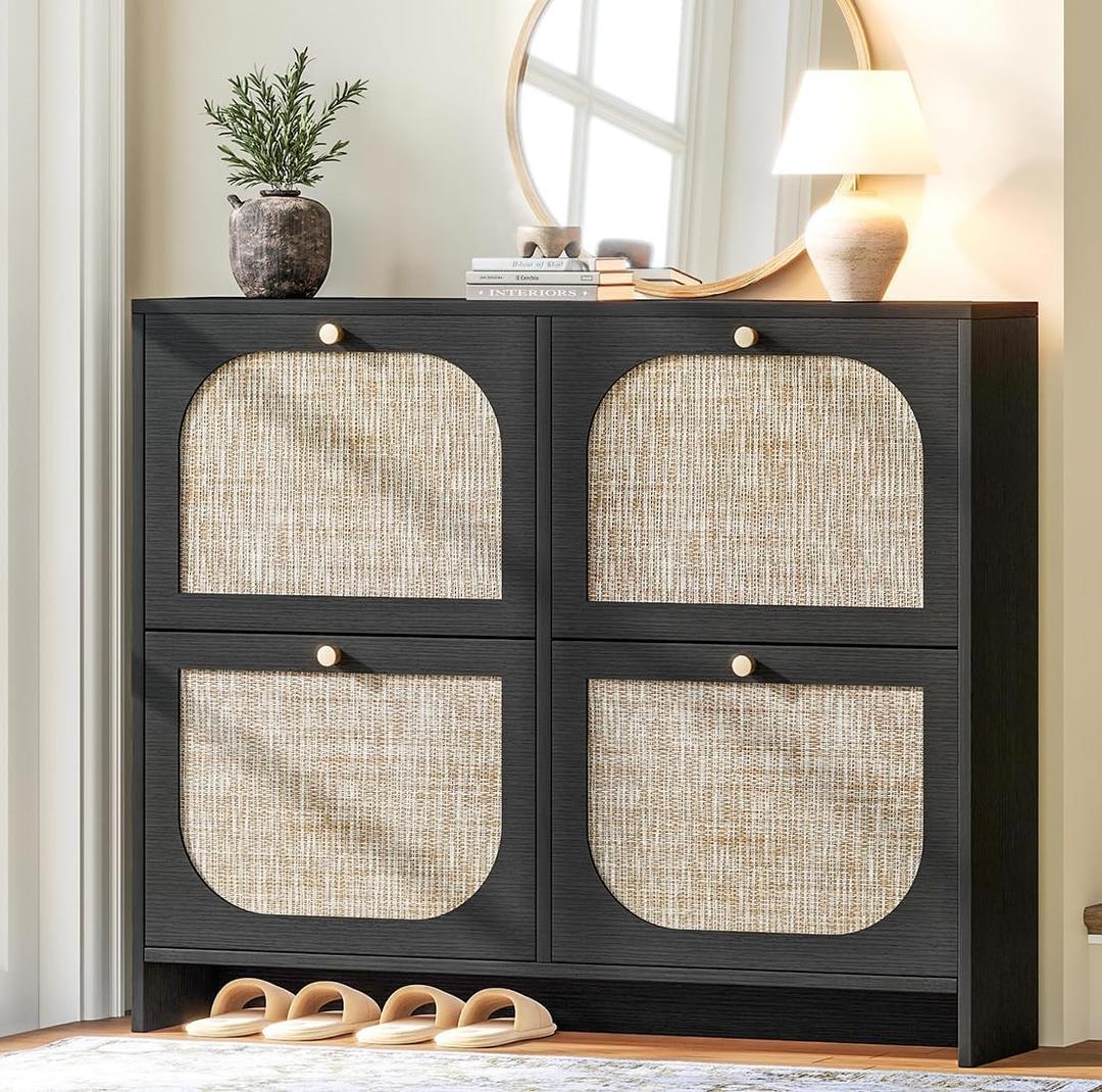 Nicetree Shoe Cabinet Storage for Entryway, Narrow Shoe Organizers with 4 Flip Drawers, Freestanding Large Shoe Rack with 3-Tier Adjustable Shelves for Hallway Entryway Foyer Black