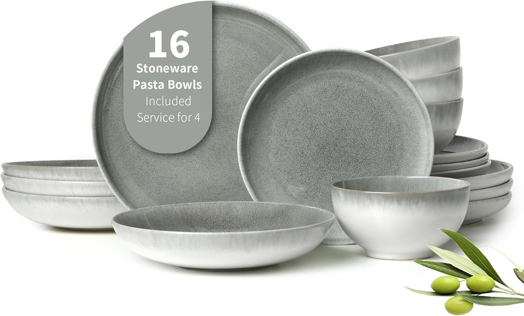 Pokini 16 Piece Double Bowl Dinnerware Sets, Stain Resistant Dish Set with Pasta Bowls, Easy Cleaning Dishes, Multi-Functional Plate and Bowl, Stack Compactly Plate Set, Service for 4