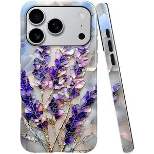 Case Compatible with iPhone 17 Pro,Glossy Hybrid 2-Layer Hard Shell,Shockproof Soft for Girl Women,Lavender Flower Purple Stained Glass