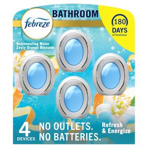 Febreze Bathroom Air Freshener, Odor-Fighting, Plug In Alternative, Air Fresheners for Small Spaces in Home, Bathroom, Kitchen, & Closet, Pet & Litter Box Odor Fighter, Refresh & Energize Scent, 4ct