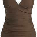 ZAFUL Womens Tankini Swimsuits V Neck Push Up Swim Top Color Block Tummy Control High Waisted Bathing Suits Swim Bottom (L)