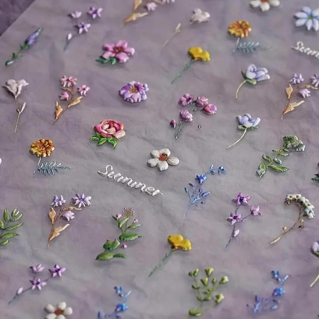 IDDFEVE 2 Sheets Embossed Flower Nail Art Stickers - Floral Leaf Self-Adhesive 5D Nail Decals for DIY Spring Summer Manicure