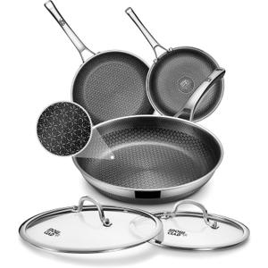 Non Stick Frying Pans set, 8+10+12 inch with Lids, Hybrid Pans Fajita Set, Stainless Steel,Dishwasher, PFOA Free Cookware, Dishwasher Skillets, Induction Compatible Cooking Pan, PFOA Free, Oven-Safe