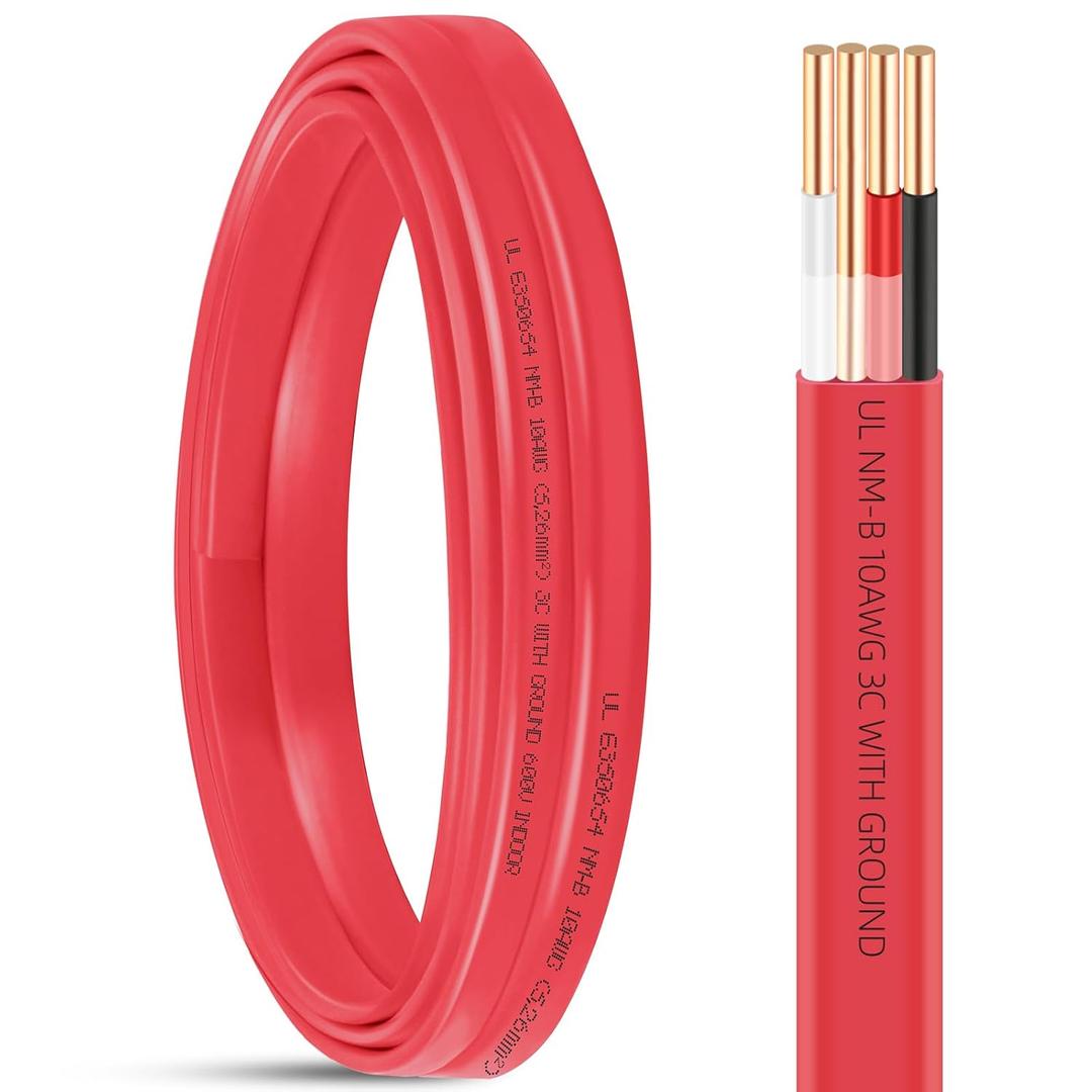 10ft NM-B 10/3 Wire with Ground,10/3 Electrical Wire 10 Gauge 3 Conductors with Ground Non-Mettalic Sheathed NM-B Cable,Residential Solid Indoor 10 AWG Copper Wiring for Branch Circuit Switch,Outlet