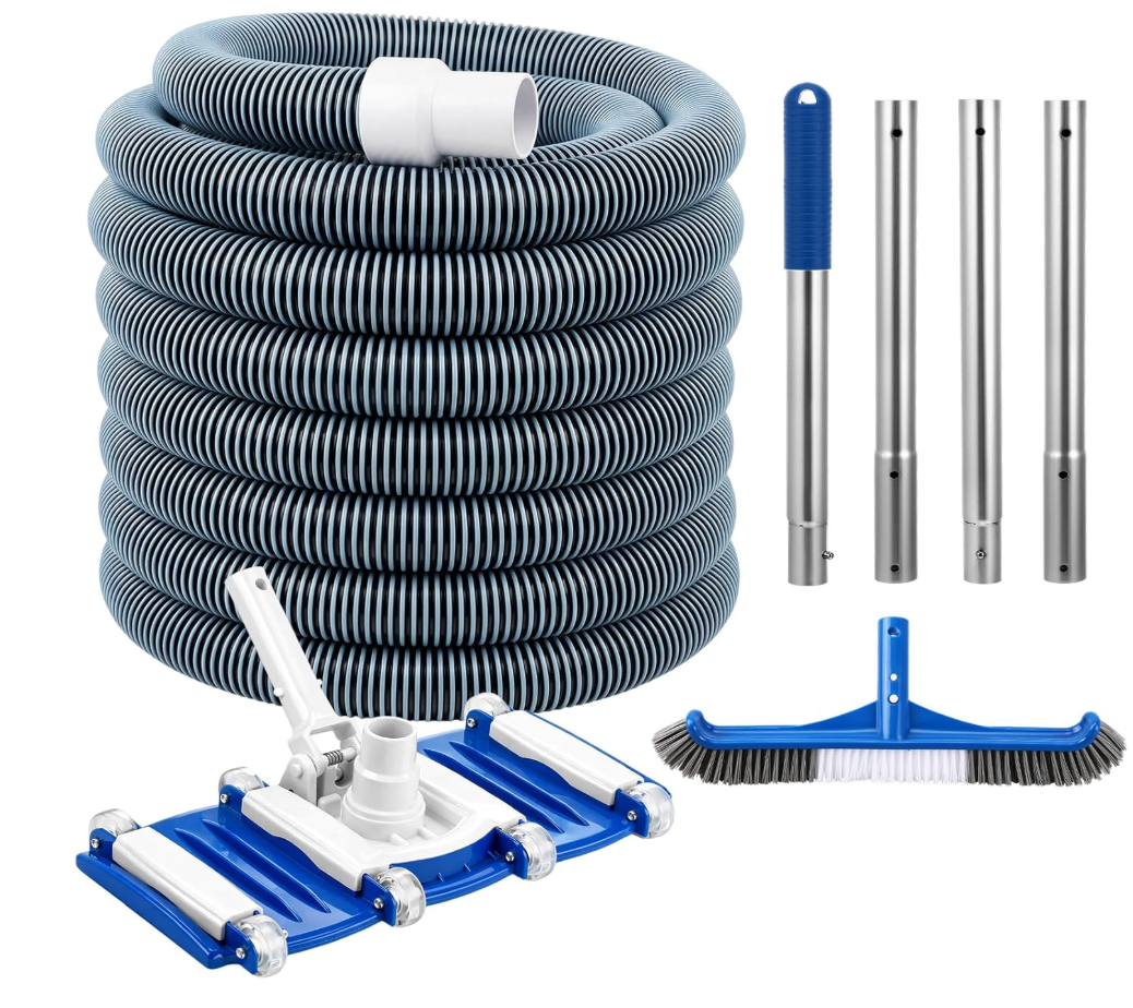 Innconee 4 Pcs Swimming Pool Cleaning Kit Including Pool Vacuum Head with 1-1/2" x 30 ft Hoses Flexible Head with Bristles Wheel and Pole 14 '' Cleaning Brush for Inground Above Ground Cleaner
