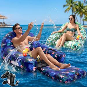 Simgoing 2pcs Inflatable Pool Floats for Adults 2 in 1 Lounge Chair with Bottom Mesh Electric & Air Pump, Chair Floats 250 Lbs Beach Lake Swimming Pool Lounger with Zipper Bag Cup Holder(Tropical)