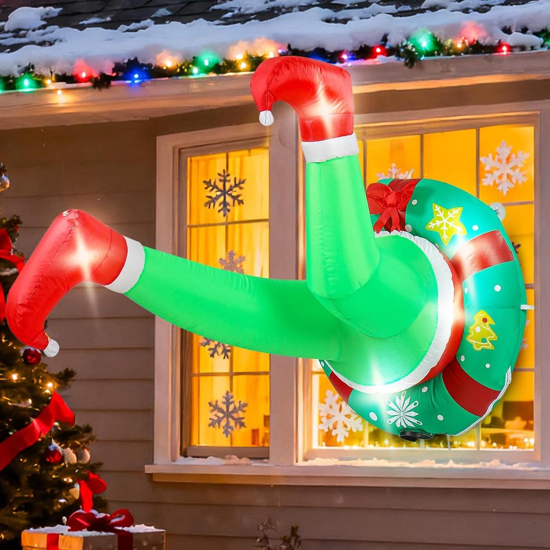 Messon 4FT Christmas Inflatable Outdoor Decorations Green Big Monster Broke in from Window with Wreath, Build-in 5 LED Lights, Christma Blow Up Decoration for Indoor Outside Window Door