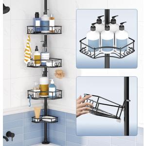 SEIRIONE Corner Shower Caddy Tension Pole, 4-Tier Rust-Free Shower Organizer Corner, Adjustable Shelf for Bathroom Storage, Easy-Install Standing Rack, 39 to 113Inch, Black