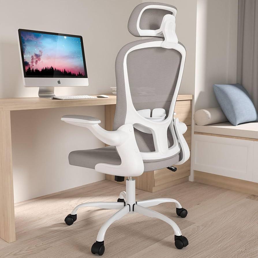 Lybaint Office Chair, High Back Ergonomic Desk Chair, Breathable Mesh Computer Chair with Flip-Up Armrests, Lumbar Support, Adjustable Headrest, 90°-125° Tilt Function, Recliner Chair for Home Office