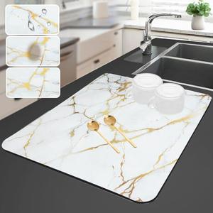 Sofort Dish Drying Mat for Kitchen Counter, Gold White Marble Dish Drying Pad with Non-slip Rubber Backed, Super Absorbent Drying Mats for Dish Rack, Coffee Maker 16 x 24 Inches