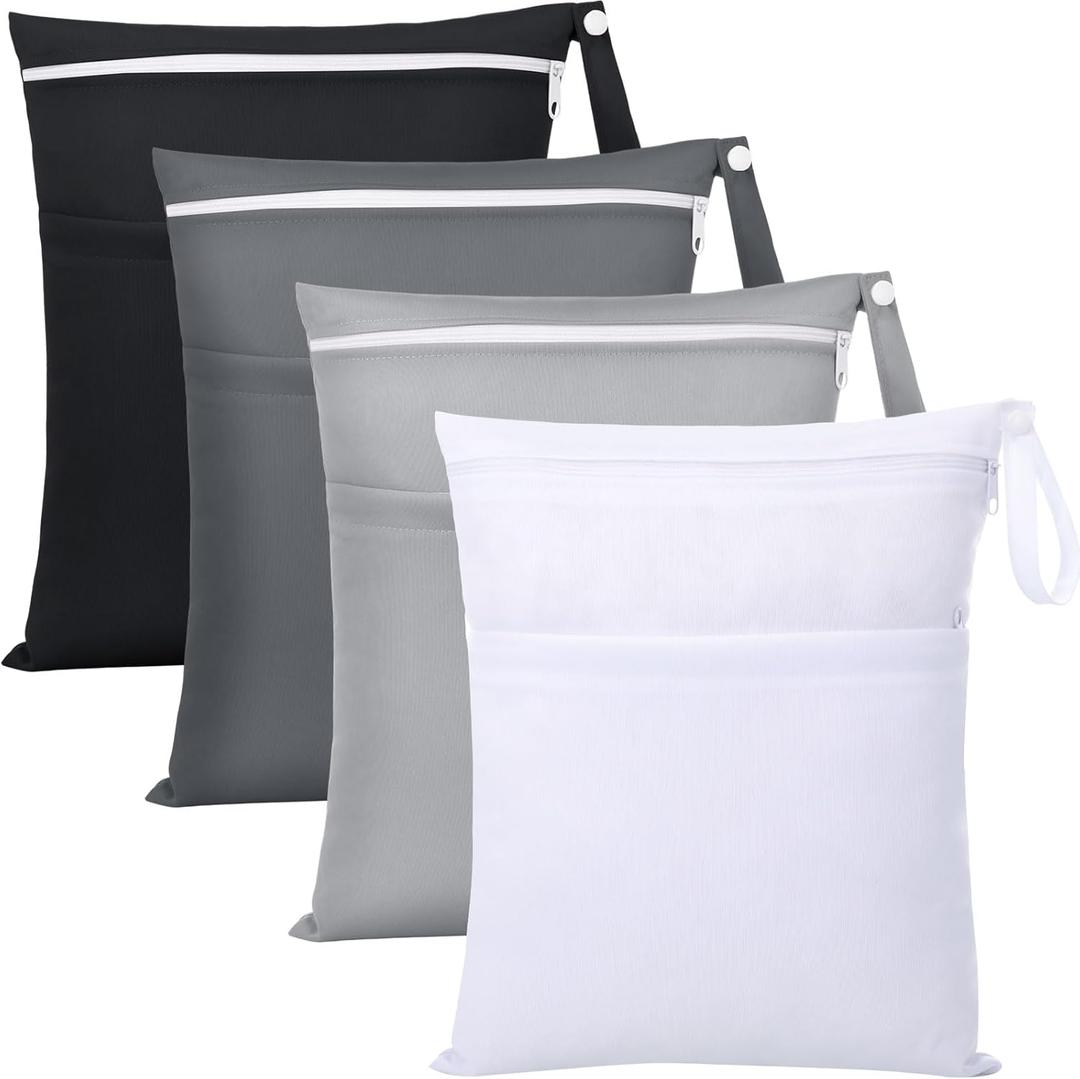 SATINIOR 4 Pack Wet Dry Bags for Baby Cloth Diapers Washable Travel Swimsuit Wet Bags Reusable with Two Zippered Pockets for Yoga Gym Swimsuits Travel Beach Pool Soiled Items(Basic Color)
