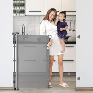 42-Inch Extra Tall Retractable Baby Gates for Doorways 56" Wide Baby Gate Retractable Dog Gate Indoor Outdoor Mesh Pet Gate Adjustable Tall Pet Gate for Stairs Dog Gates for The House, Grey (Gray)