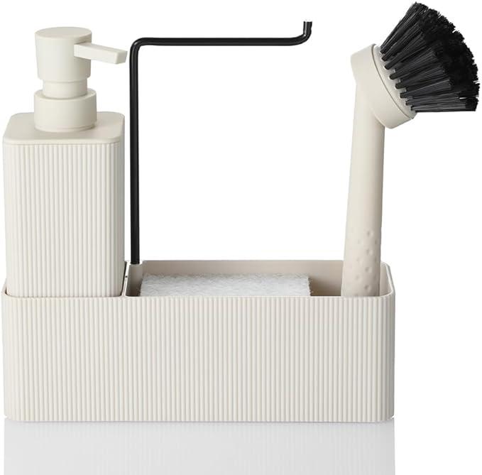YAUKPH 4 in 1 Kitchen Soap Dispenser Set - Soap Dispenser Brush Sponge Holder Towel Rack   (Striped Beige )