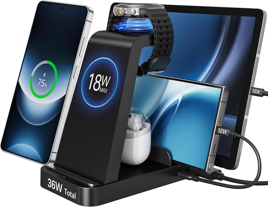 Wireless Charger for Samsung, 5 in 1 Android Charging Station for Galaxy S26 Ultra/S25/S24/S23/S22/S21, Galaxy Watch Ultra/8/7/6/5, Galaxy Buds 2/2 Pro, Multi Device Charger Stand, Black