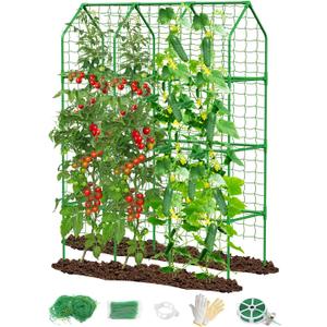 65" Cucumber Trellis for Climbing Plants Outdoor, Metal Garden Trellis for Raised Bed, Plant Support Structures with Netting for Cucumbers Tomatoes Beans Peas (50 * 17 * 65inch(L*W*H), Trellis)