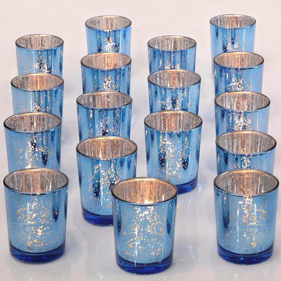DARJEN 24Pcs Blue Votive Candle Holders,Tea Lights Candles Holders for Wedding Shower Gifts & Party Decorations, Home Table - Mercury Glass