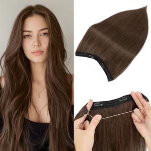 Halo Hair Extensions Real Human Hair, Halo Hair Extension 100% Human Hair, Wire Hair Extensions, Straight Natural Brown 12inch/55g
