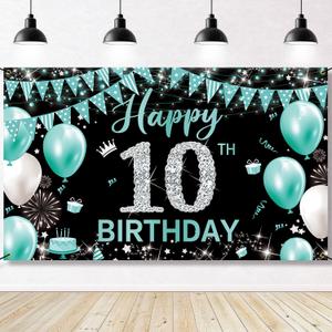 10th Birthday Banner Backdrop, Happy 10th Birthday Decoration For Girls, Fabric 10 Year Old Birthday Party Photo Props Yard Sign Background Decor Supplies, Indoor Outdoor (Teal Blue Silver) (6.1ft x 3.6ft)