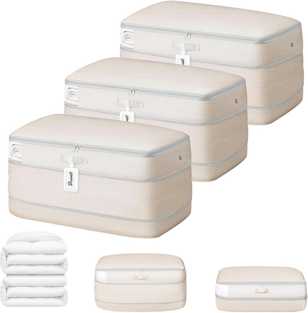 DIMJ Comforter Storage Bag - 100L Large Capacity Blanket Storage Compression Bags, Washable Space Saving Self Compression Organizer with Window Handles, Space Saver for Clothes, Bedding, Sheet (100L x 3 Pack, Beige)