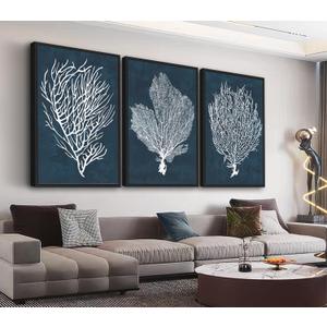 Large Framed Coral Wall Art - Navy Blue Coastal Wall Decor Painting 16"x24" Set of 3 Minimalist Beach Wall Art Prints Rustic Ocean Coral Canvas Pictures for Living Room Bedroom Office Artwork, 16"x24"x3 Framed