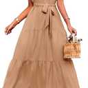 PRETTYGARDEN Women's Summer Floral Maxi Sun Dress Sleeveless Halter Neck Flowy Ruffle Hem Long Boho Dresses with Belt 
(Solid Apricot, Small)