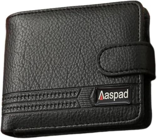 Aaspad Leather Wallet for Men's Gift Bifold Style Fasten with Belt Buckle Button Closure Bank Credit Card Slots Coin/Airtag pockets and 2 transparent Photos and ID Windows(Black)