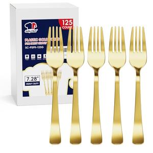 125 Count Gold Plastic Forks Heavy Duty, 7.28 Inch Gold Forks Disposable Heat Resistant Durable Plastic Utensils for Parties, Wedding, Daily Events
