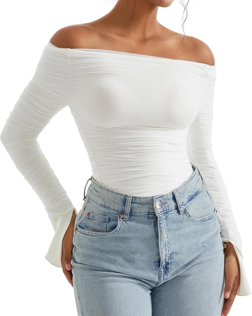 OMKAGI Women Long Sleeve Tops Boat Neck Off Shoulder Shirts Fitted Going Out Y2K Crop Top (X-Small, White)