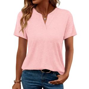 TICTICMIMI Women's V Neck Short Sleeve Tops Summer T Shirts Loose Fit Dressy Tees (Pink, Small)