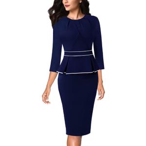 VFSHOW Womens Pleated Crew Neck Peplum Work Business Office Bodycon Pencil Sheath Dress (Small, Blue With White Piping)