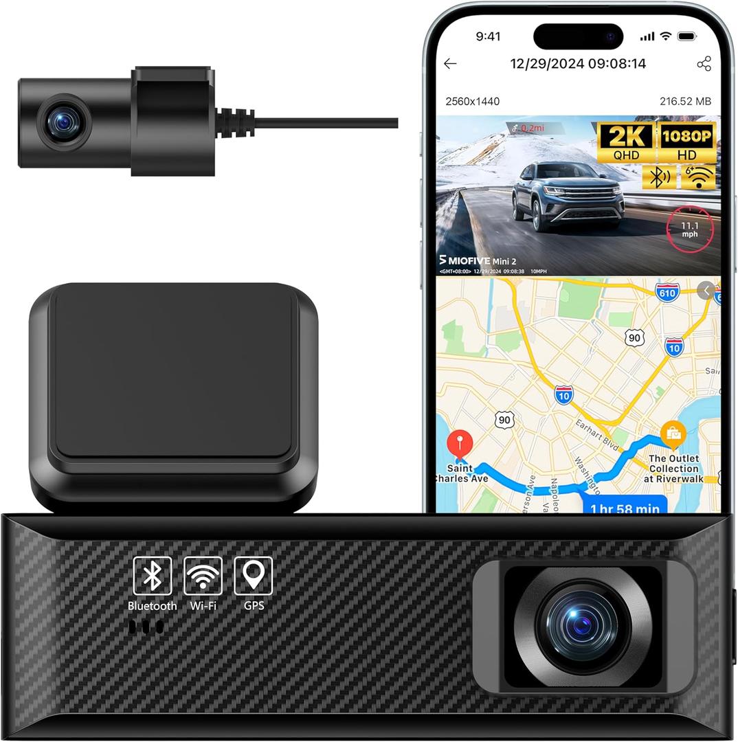 Miofive Dash Cam Mini 2, 2K+1080P FHD, Built-in Wi-Fi GPS Smart Dash Camera for Cars, 125 Wide-Angle FOV, HDR, Night Vision, G-Sensor, iOS/Android App, Loop Recording, Parking Monitor, Time-Lapse