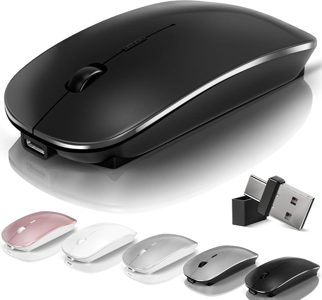 Wireless Bluetooth Mouse for Mac Air MacBook Pro Laptop PC Pad Optical Rechargeable Silent Mouse with Jiggler Mode Dual Mode Switch Bluetooth 5.2/3.0 and 2.4G USB-A & USB-C Receiver Black