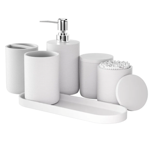 6-Piece Bathroom Accessory Set Resin, White Bath Accessories Complete with Toothbrush Holder, Lotion Soap Dispenser, 2 Qtip Holders,Vanity Tray,Bathroom Tumbler - Countertop Vanity Organizer