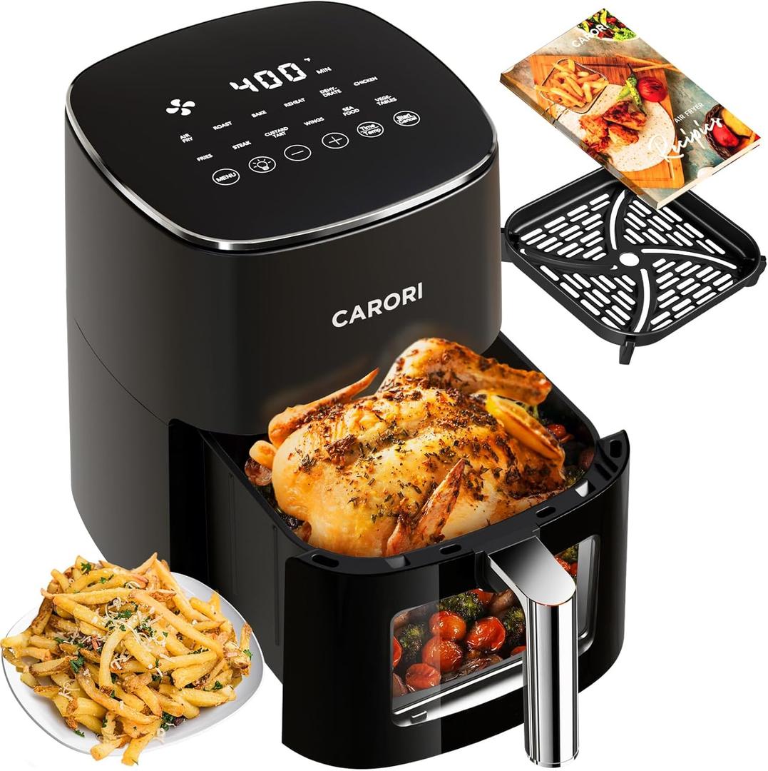 Air Fryer 12 Preset with Viewing Window, 6Qt Large Capacity, 400 Max Crisp, Airfryer, Bake, Roast, Dehydrate, Reheat, 1700W Quick Even Easy Meals, Nonstick Dishwasher Safe Basket (Glossy Black)