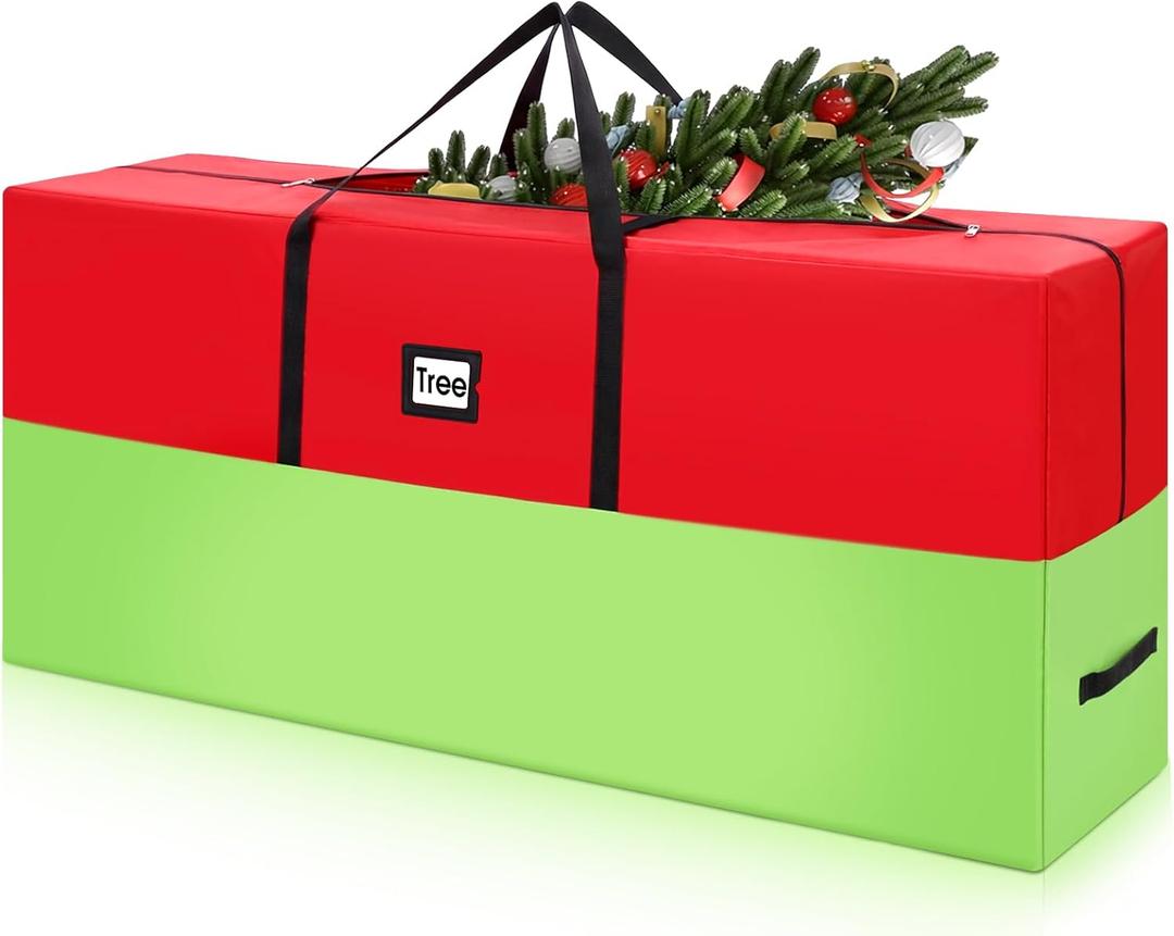 9 ft Christmas Tree Storage Bag Heavy Duty 420D Oxford Artificial Christmas Tree Bag with Reinforced Handles Dual Zippers Card Slot Wide Opening Extra Large Storage Container, Green and Red