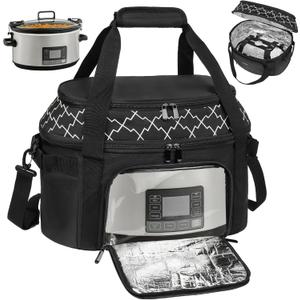 Slow Cooker Carrying Bag Compatible with 6-8 Quart CrockPot and Hamlton Beach,Portable Double-Layer Insulated Travel Carrier Case with Lid Fastener and See-through Window,Bag Only (Black)