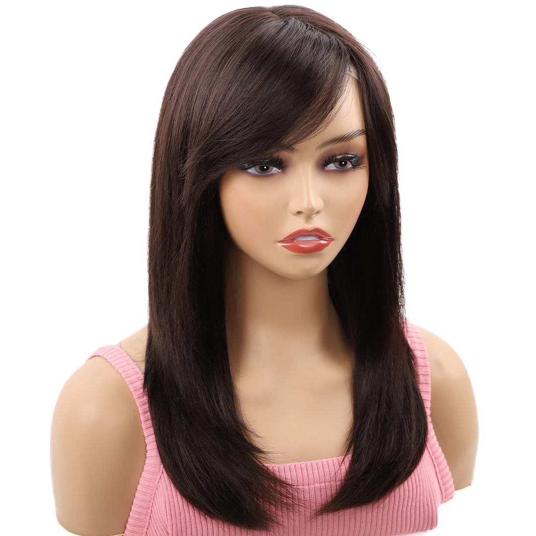 Long Brown Wig with Bangs Human Hair - Straight Wig 100% Virgin Remy Hair Curly Wigs for White Black Women Natural Looking Hair Replacement Wigs