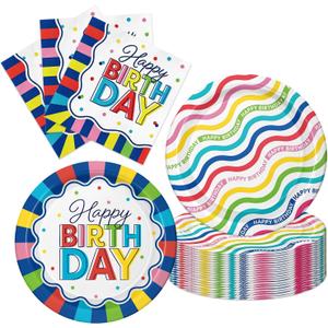 Colorful Happy Birthday Party Supplies, Vibrant Stripe Disposable Tableware, 40Pcs Rainbow Wave Birthday Plates and Napkins for Kids Birthday, Baby Shower, Baptism, Rainbow Themed Party Decorations