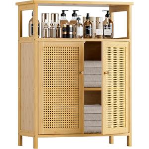 HITNET Rattan Bathroom Storage Cabinet, Bamboo Floor Cabinet with 2 Doors and Open Shelf, Freestanding Cupboard for Living Room, Entryway, Kitchen, Natural