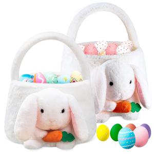 2 cestas de conejo de Pascua de felpa para nios y nias con orejas de conejo, cubos de Pascua con orejas de conejo, bolsas de mano para caza de huevos, almacenamiento de regalos de dulces