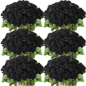 Jexine 50 Pcs Artificial Rose Flower Bulk Realistic Silk Fake Roses with Long Stem Plastic Artificial Flower Bouquet Real Looking for Home Wedding Centerpieces Party Decoration(Black)