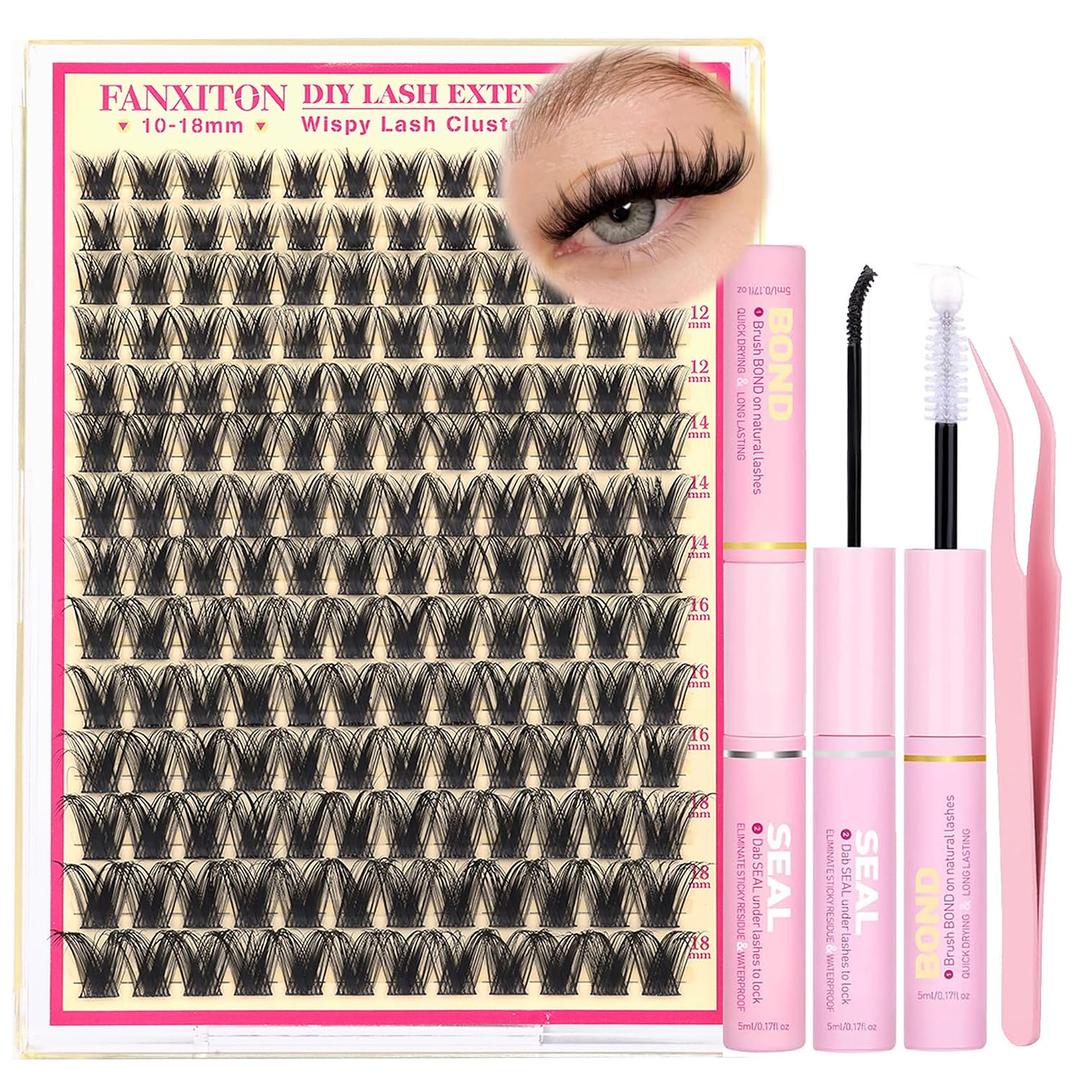 FANXITON Lash Clusters Kit Wispy Clusters Eyelash Extensions Natural Lash Extension Kit 168 Pcs 10-18mm Individual Lashes Thin Band Cluster Lashes with Waterproof Lash Bond and Seal Tweezers