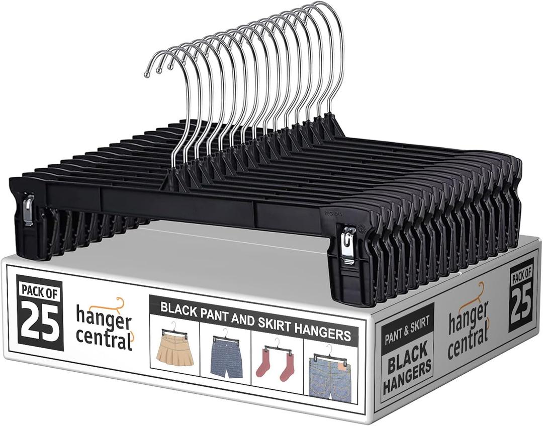 Hanger Central 25 Pack Heavy Duty Plastic Bottoms Hangers with Ridged Pinch Clips Pants Hangers, 12 Inch, Black