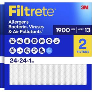 Filtrete 24x24x1 Air Filter, MERV 13 MPR 1900, Allergens, Bacteria, Viruses & Air Pollutants, 3-Month AC/Furnace Filters, Cleaner Air Reliable Airflow, 2 HVAC Filters(Act Size 23.81x23.81x0.78 in)