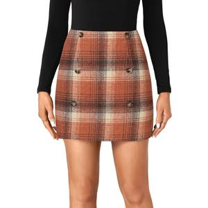 Rooscier Women's Wool Plaid High Waist Skirt Pencil Zipper Back Bodycon Mini Skirts Caramel Plaid Medium