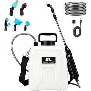 2 Gallon Battery Powered Sprayer, 2000mAh Electric Power White Continuous Battery Operated misting Retractable Long-Reach Metal Wand 5 Multi-Pattern Water attachments