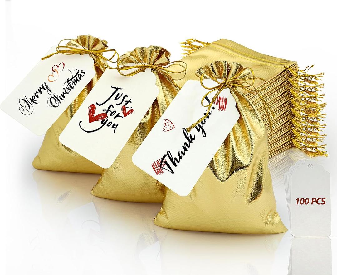 DOYIDE 100Pcs Gold Drawstring Gift Bags, 3x4in Small Jewelry Bags Drawstring Pouches, Shiny Wedding Party Favor Bags, Sachet Bags Empty for Birthday Party Christmas Baby Shower Candy Favors